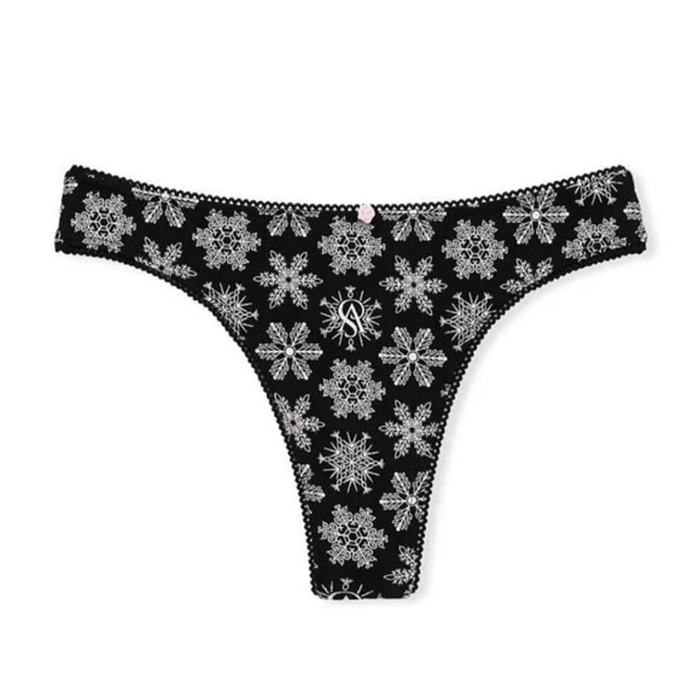 Victoria's Secret Panty Medium Cotton Thong Black Snowflake Print NWT Sexy